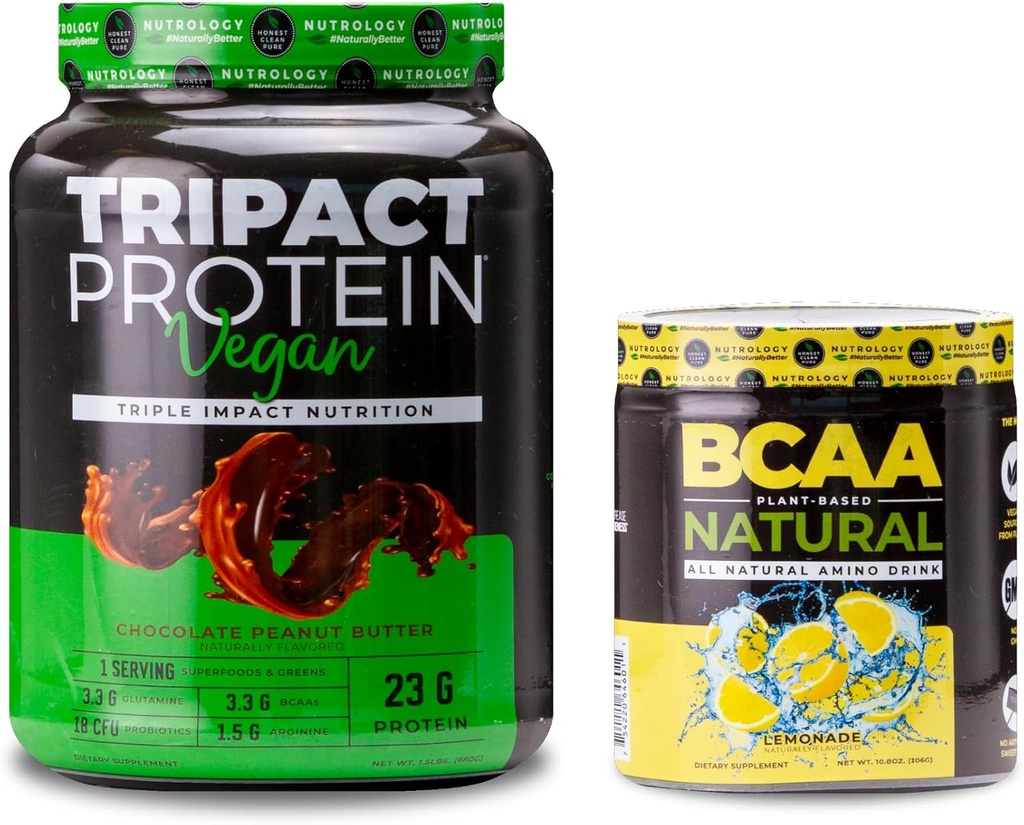Nutrology TRIPACT Vegan Protein Tozu, Vegan Protein Shakes, Chocolate Peanut Butter (20 hizmet) BCAA Natural, Plant Based BCAA Toz, Lemonade Flavor (30 hizmet)