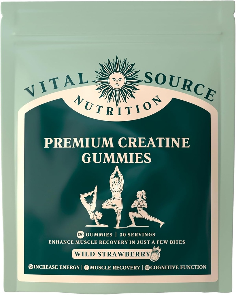Vital Source Beslenme - Premium Kretine Gummies - Kas Büyüme, Kurtarma ve Enerji Desteği - 5g Kreten-Free & Halal - Vahşi Strawberry - 120 Gummies - 30 Hizmet