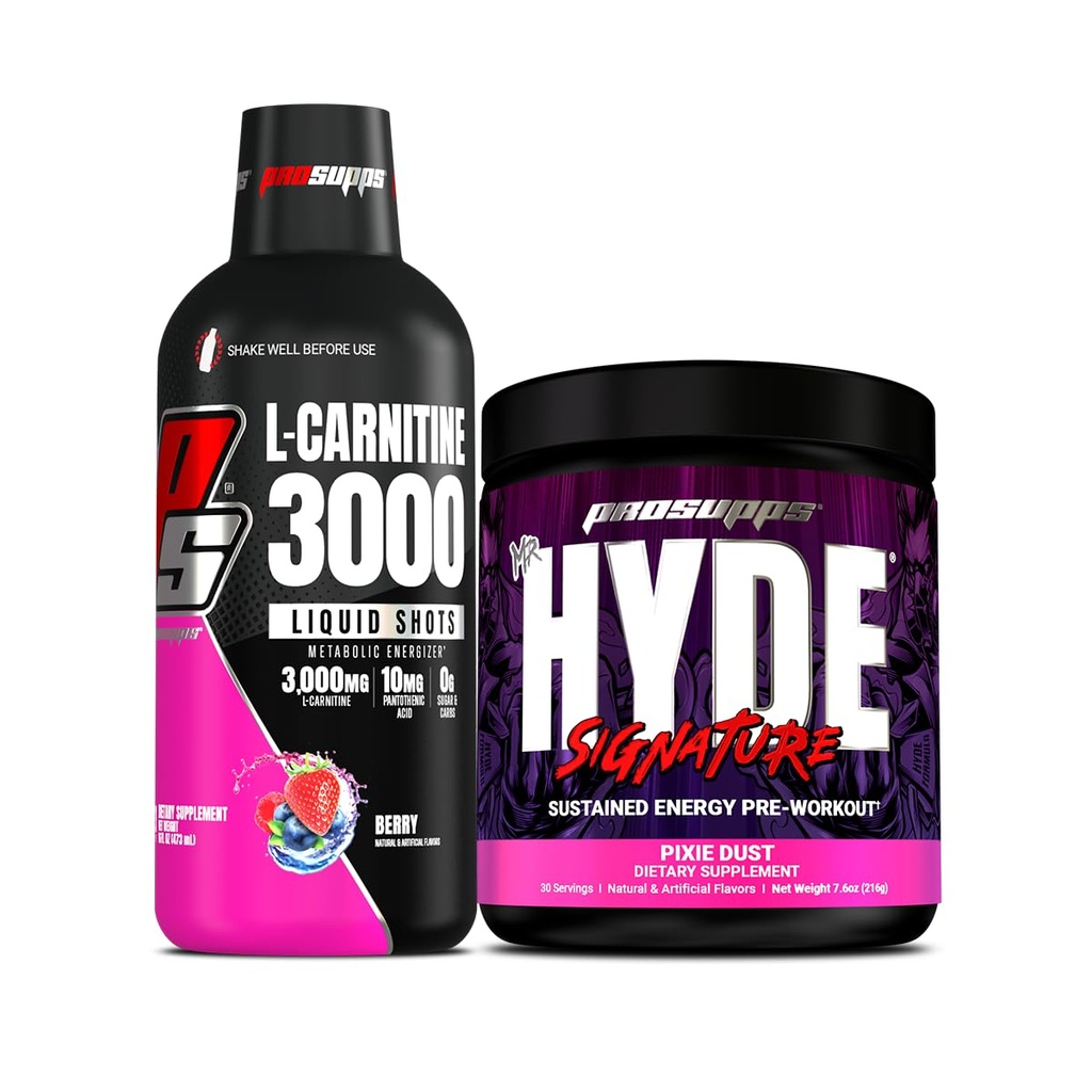 PROSUPPS L-Carnitine 3000 Stimulant Ücretsiz Sıvı Shots (31 Hizmet, Berry) ve Bay Hyde Signature Series Pre-Workout Energy Tozed Drink (30 Hizmetler, Pixie Dust)