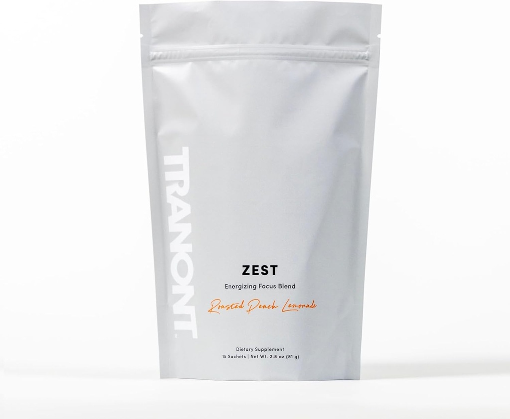 Tranont Zest Energizing Focus Blend | Roasted Peach Lemonade Energy Powder | Gluten-Free, Sugar-Free with Green Tea L-Theanine, Vitamins & Antioxidants for Energy, Focus, and Health | 15 Sticks
