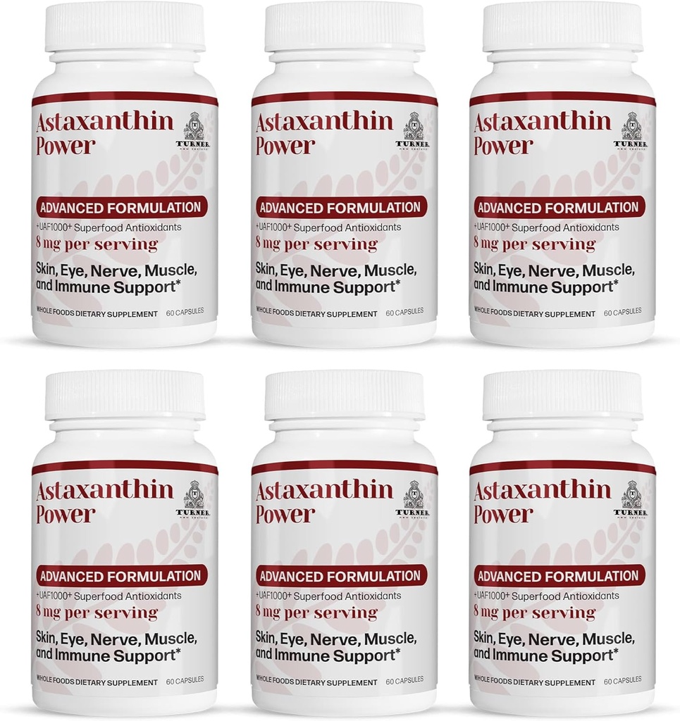 TURNER New Zealand Astaxanthin Power with UAF1000+, Anti-Aging, Skin, Eye, Nerve, Muscle Recovery, Immune Support Antioxidant Supplement, 12mg Astaxanthin, 180 Servings, 6 Bottles