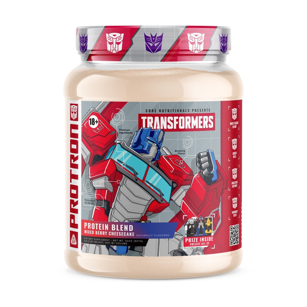 Core Nutritionals Transformers Protron Protein | Whey + Casein Blend | MCTs & Digestive Enzymes | 25g Protein | Free Prize Inside - Optimus Prime | 2 Pound (Mixed Berry Cheesecake)