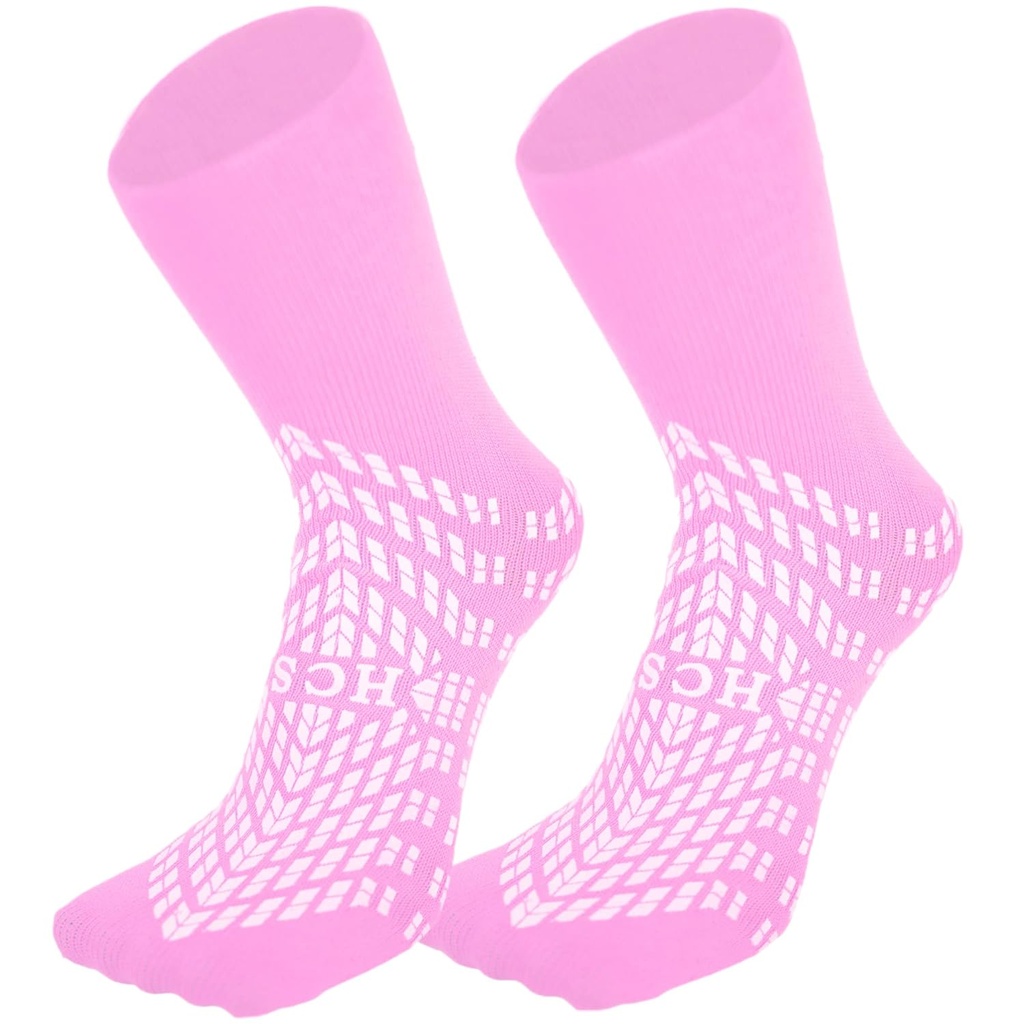 HCS Non-Slip Hospital Socks with Grips for Women & Men (6 Pairs) - 360 All-Around Tread Non-Slip Sock for Elderly/Seniors - Hospital Grip Socks, Fall Risk Patient Slippers (Pink, Regular)