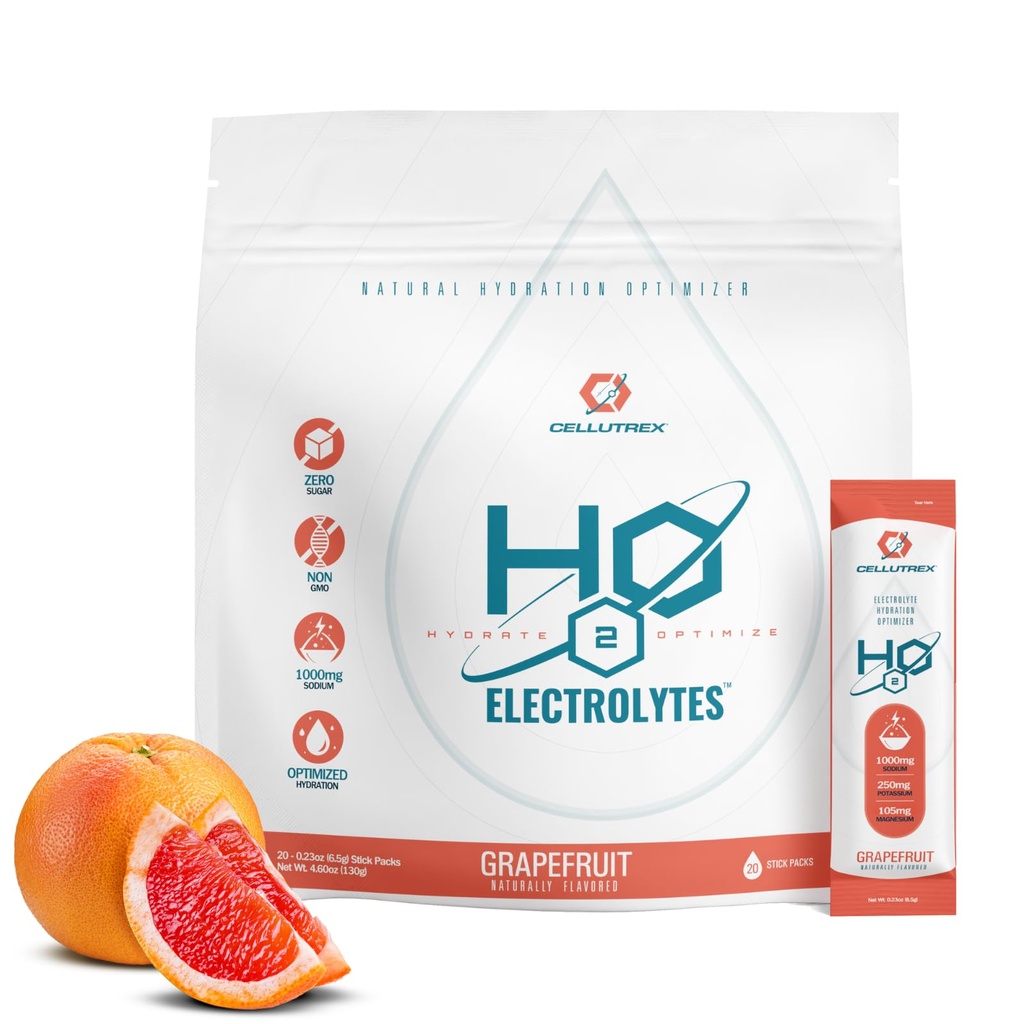 Cellutrex® H2O Electrolytes – Electrolyte Powder Drink Mix, Zero Sugar, Natural Salt Hydration Packets for Recovery and Wellness, Grapefruit, 20 Sticks