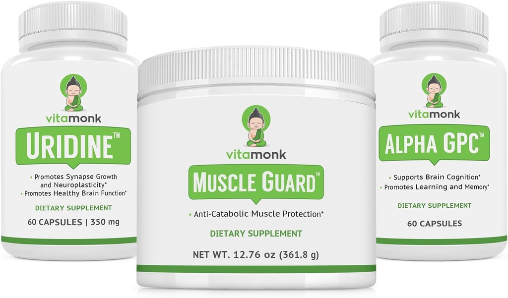VitaMonk Kas Guard & Alpha GPC Uridine Stack, HMB, EAAs, Vitamin D, Magnezyum & Beyin Focus, Clarity ve Kas Büyüme Desteği