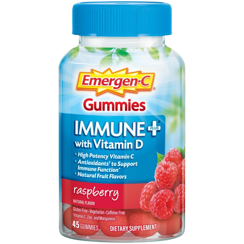 Emergen-C Immune+ Triple Action Immune Support Gummies, BetaVia (R), 1000 mg C, B Vitaminleri, Vitamin D ve Antioksis, Raspberry, Back to School Essentials - 45 Kont
