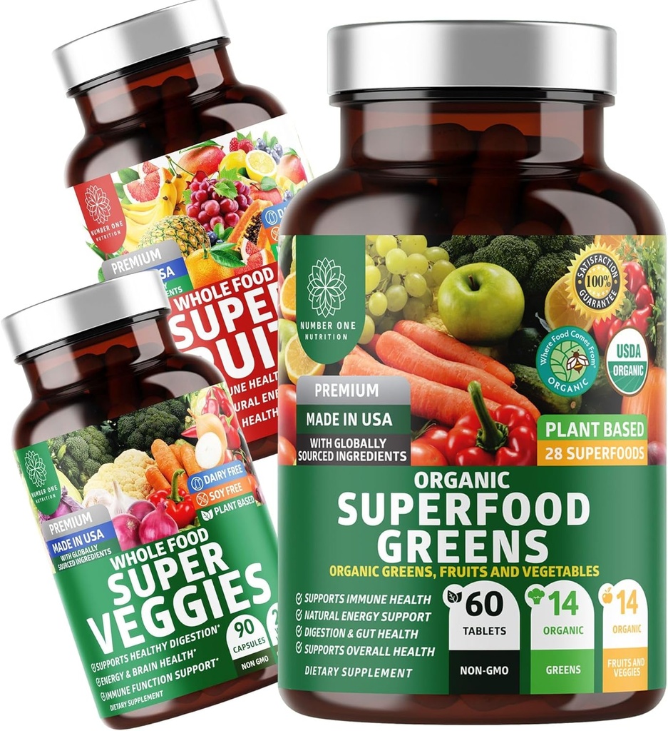 Number One Nutrition N1N Premium Superfood Greens [28 Powerful Ingredients] and Super Fruits & Veggies Supplement [40 Whole Foods] - Complete Superfood Bundle, 2 Pack