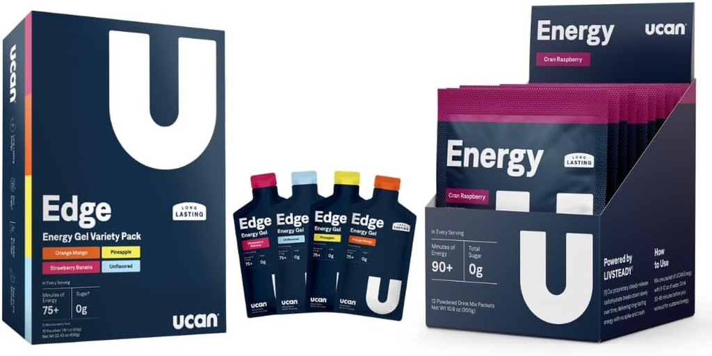 UCAN Training Starter Pack, Edge Energy Gel Variety Pack, Energy Powder Cran-Raz, Pre & Post Workout for Men and Women | Vegan and Keto Friendly