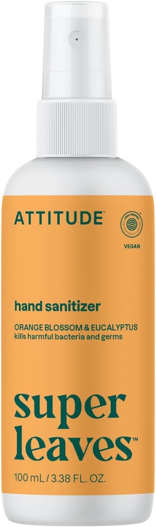 ATTITUDE Hand Sanitizer Spray for Yetişkinler and Kids, EWG Doğrulanmış, Bakteriler ve Germs, Vegan, Orange Blossom & Eucalyptus, 3.38 Fl Oz (Spray Şişe)