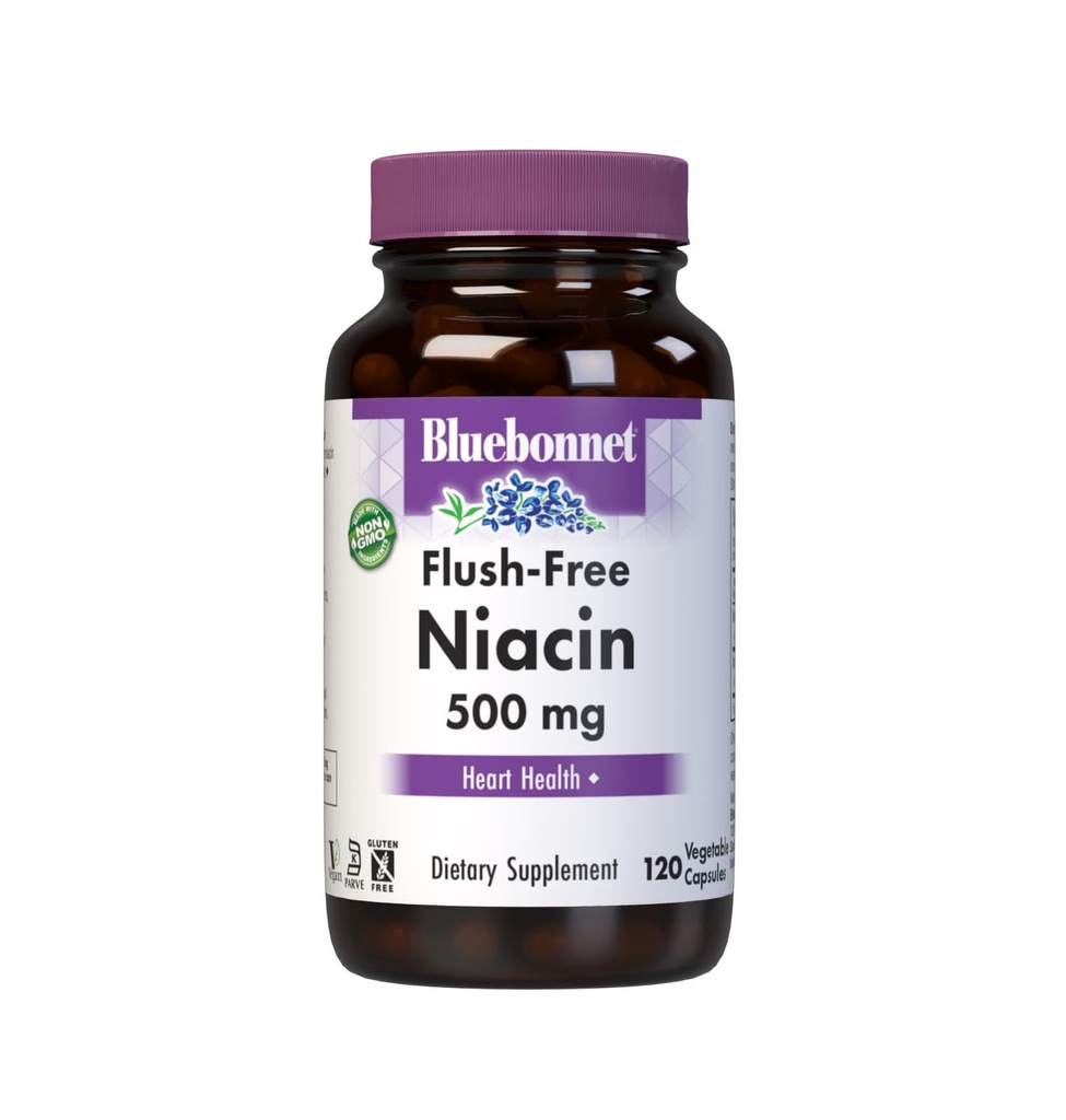 BlueBonnet Beslenme Flush-Free Niacin 500mg, Beslenme Kardiovasküler Destek Sebze Kapsülleri, Soy/Dairy/Gluten Free, Non-GMO, Kosher Sertifikalı, Vegan, White, 120 Count