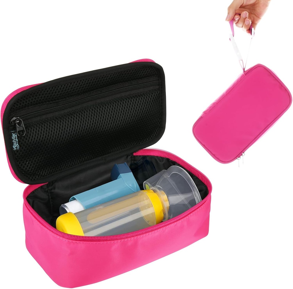 Beautyflier Travel, Çocuk ve Yetişkinler için Inhaler Spacer, Inhaler Holder Asthma Bag with Me Pocket for Medicine and Other Essentials, Pink (Case Only)