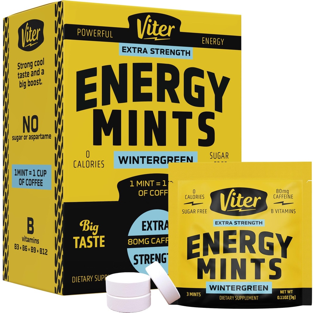 Viter Energy Caffeine Mints 80mg Ekstra Güç - 90 Adet B Vitaminleri ile Caffeinated. Sugar Free Vegan Breath Mint. Energize Nootropic Focus Alert for Fast Alertness (Wintergreen Flavor, 30 Pack)