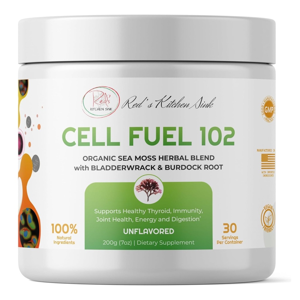 Red's Kitchen Lavabo Hücre Yakıt 102 - Organik Deniz Moss Toz Bladderwrack & Burdock Root | Dr. Sebi Inspired Herbal Mix | Vegan, Doğal, 30 Hizmet (7oz)