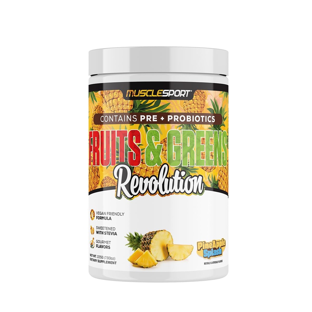Musclesport Fruits & Greens - Fruit, Vegetable and Antioxidant Supplement, Including Wheat Grass and Spirulina, Added Fiber and Probiotics - 30 Servings (Pineapple Splash)