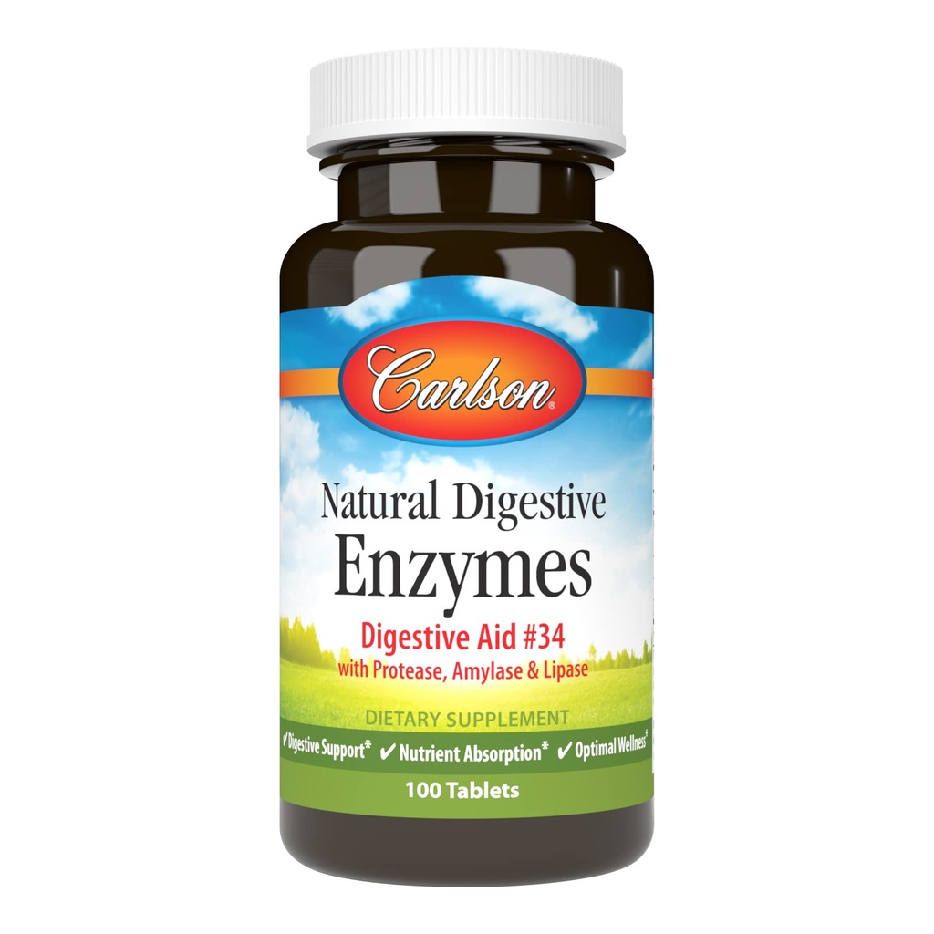 Carlson - Natural Digestive Enzymes, Digestive Aid #34 with Pro, Amylase & Lipase, Digestive Support, Nutrient Abors & Optimal Wellness, 100 Tablet