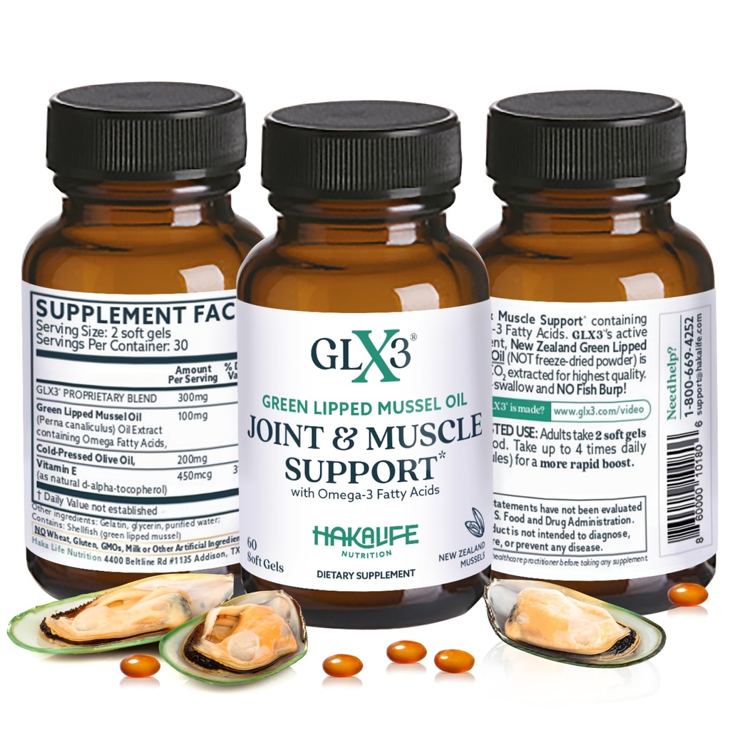 GLX3 Green Lipped Mussel Oil Capsules for Joint and Muscle Support | Ekstra-Strength ETA, EPA, DHA Omega-3 Green Lipped Mussel Supplement for Comfort, Flexability & Recovery by HakaLife GLX3