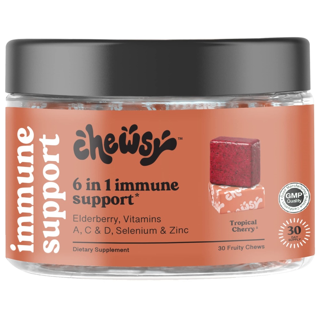 Chewsy 6in-1 Immune Support Supplement Fruity Chews with Elderberry, Vitamin C, A & D, çinko & Selenium - 30-Day Supply, Bireysel olarak yetişkinler ve Çocuklar için Immunity Vitaminleri Çekti (1)