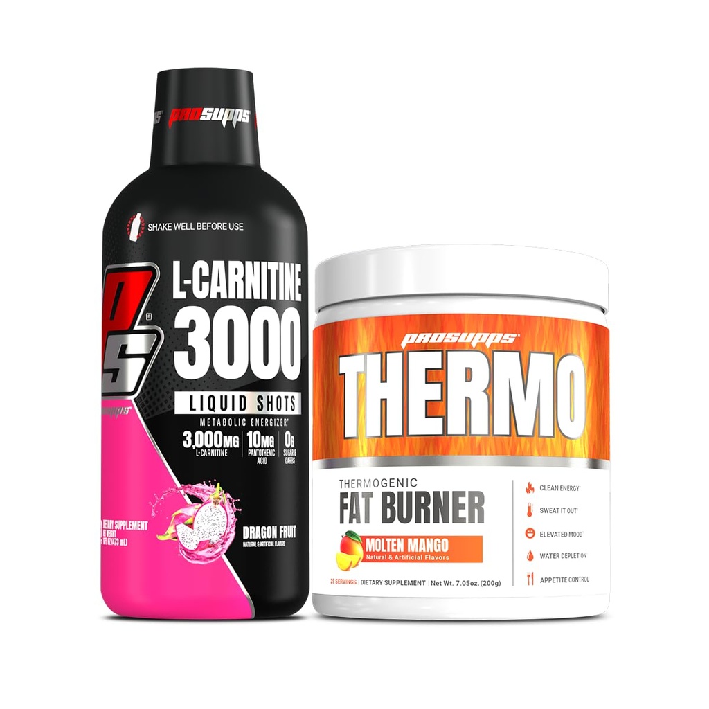 PROSUPPS L-Carnitine 3000 Stimulant Ücretsiz Sıvı Shots (31 Hizmet, Ejderha Meyvesi) ve Termo Fat Yanan Termogenic Toz (25 Hizmet, Molten Mango)