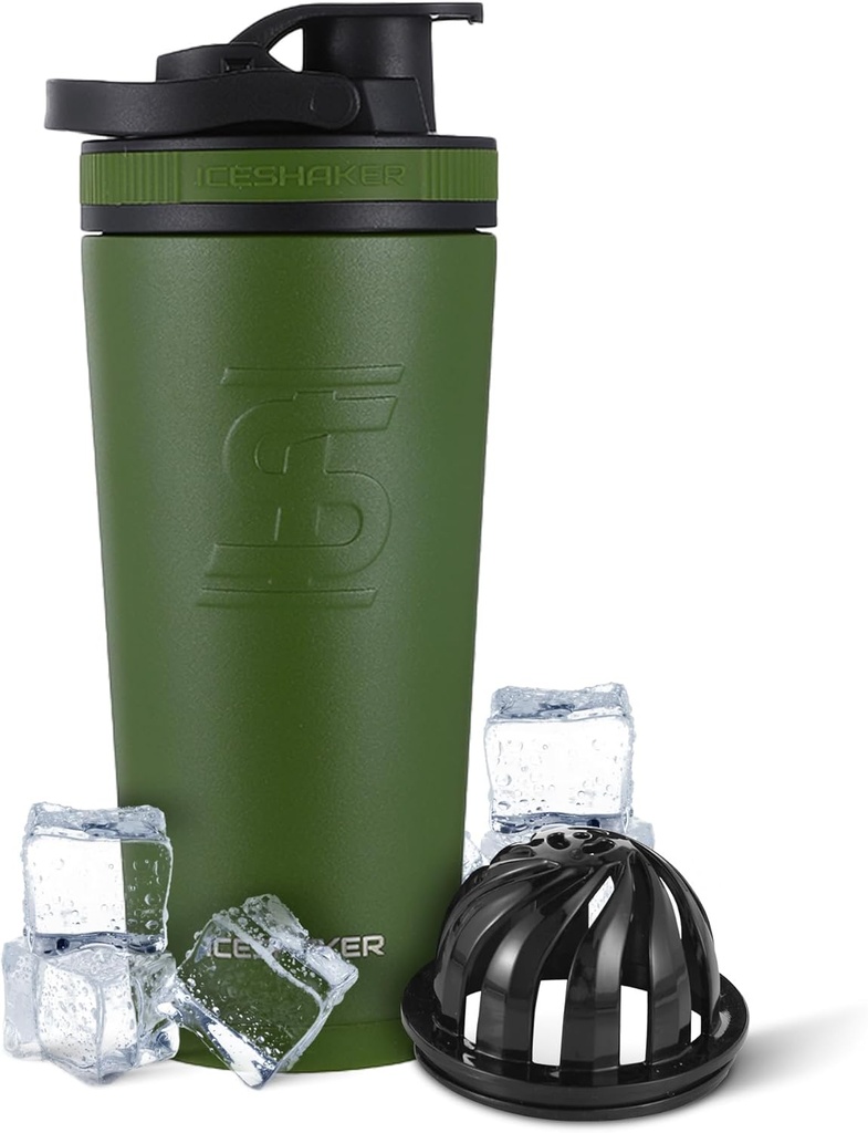 Ice Shaker Insulated Stainless Steel Shaker Bottle | 26oz, Green | Cold for 30+ Hours | Insulated Cup with Twist-on Agitator | Odor-Free Bottle for Protein Shakes, Water, Smoothies, Cocktails