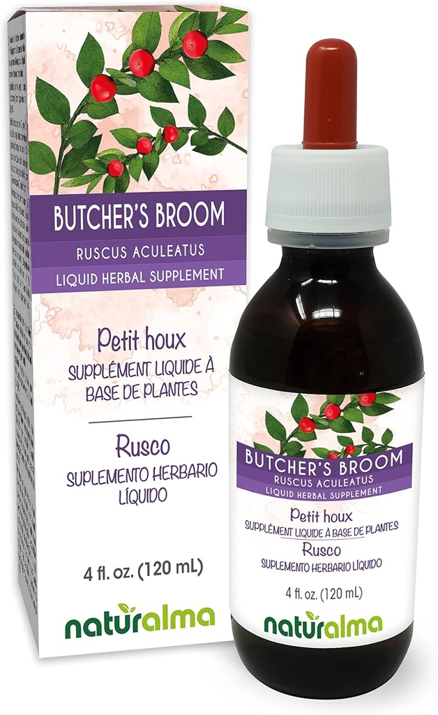 Naturalma Butcher's Broom (Ruscus aculeatus) Root alkol-Free Tincture - 4 fl oz Sıvı Ekstraksiyon - Herbal Supplement - Vegan