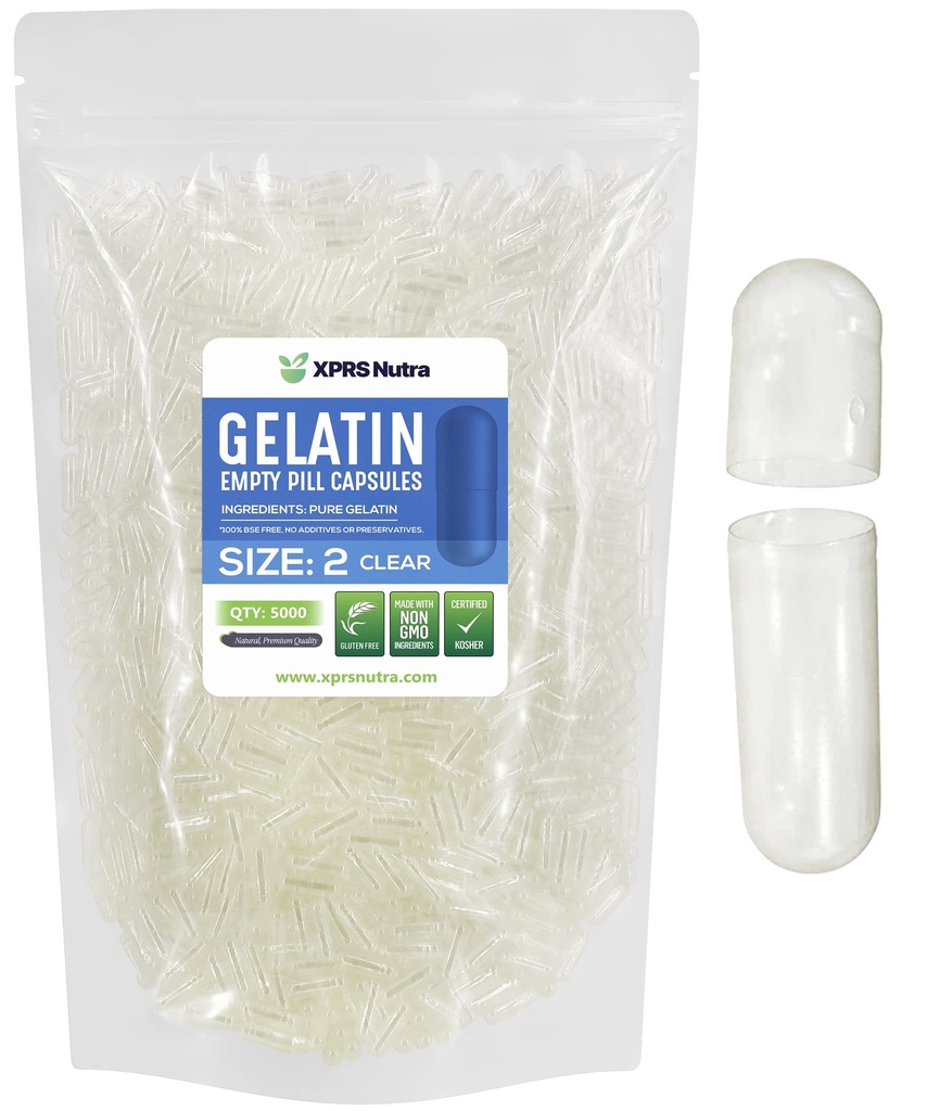 XPRS Nutra Boyutu 2 Boş Kapsüller - 5000 Kont Clear Boş Gelatin Capsules - Pills DIY Capsule - Pure Bovine Pill Gel Caps For Do-It- Yourself Supplements - 5000 Count Clear Boş Gelatin Capsules - Pills DIY Capsule - Pure Bovine Pill Gel Caps for Do-It-Yourself Supplements