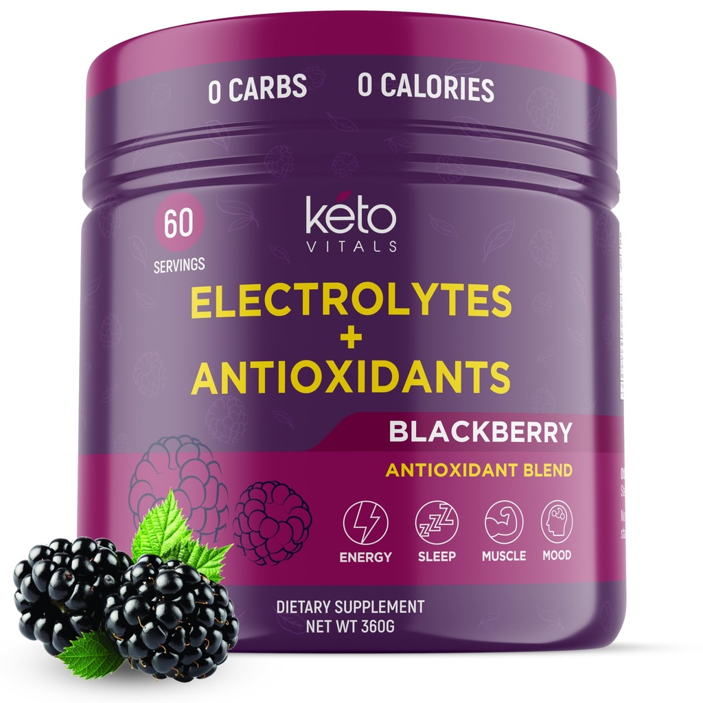Keto Vitals Antioxy Electrolytes Toz - P properties, Magnezyum, sodyum, & Food - No Sugar Electrolyte Drink Mix & Hydration Toz, 60 Hizmet, BlackBerry, 60 Hizmet,
