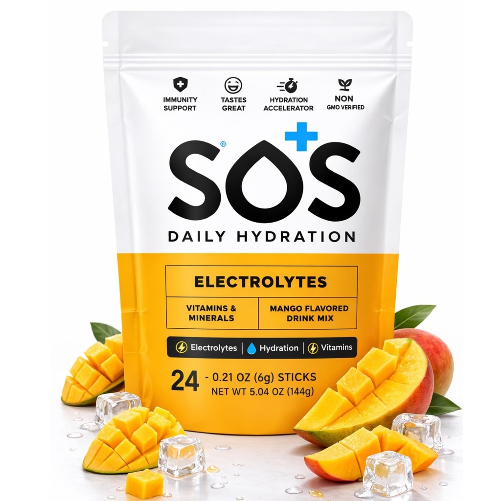 SOS Hydration Electrolyte Toz İç Mix | 24 Hizmetler | Temel Vitaminler Low Sugar Keto-Friendly | Mango