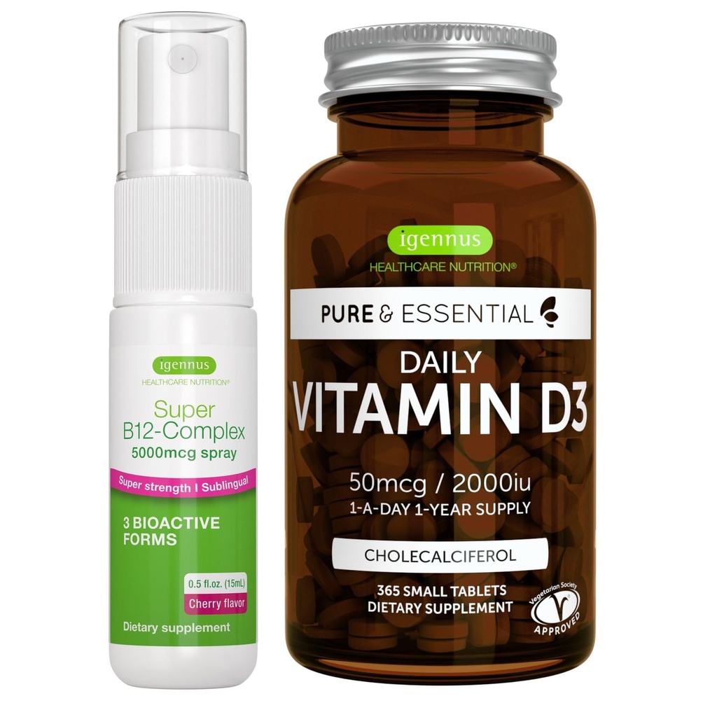 Daily D3 + Super B12-Complex 5000 Live Vegetarian Sche, 365 2000iu Vitamin D3 Tablet + Yüksek Güç B12 Cherry Flavor Sublingual Spray, by Igennus