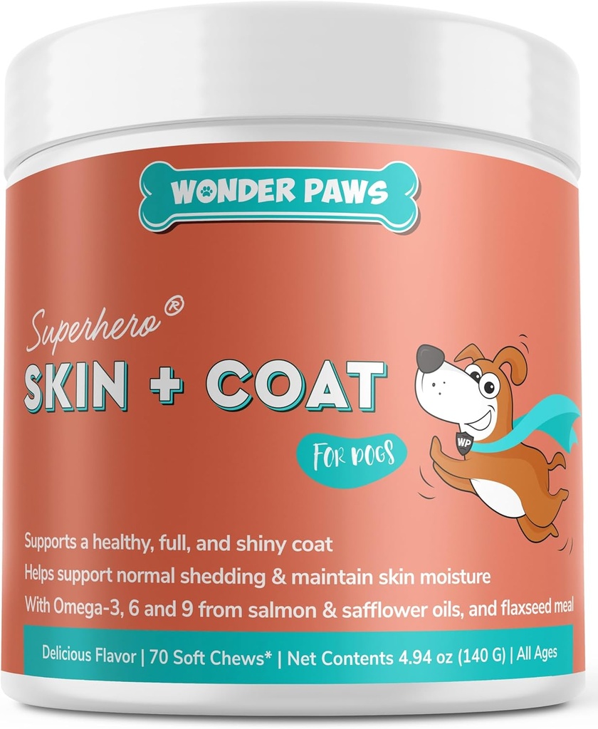 Wonder Paws Skin & Coat Supplement for Dogs with Salmon Oil, Omega 3 & 6, EPA & DHA, Promotes Healthy Skin and Coat, Itchy Relief, Joint and Overall Health, Delicious Flavor, 70 skin & coat Soft Chews
