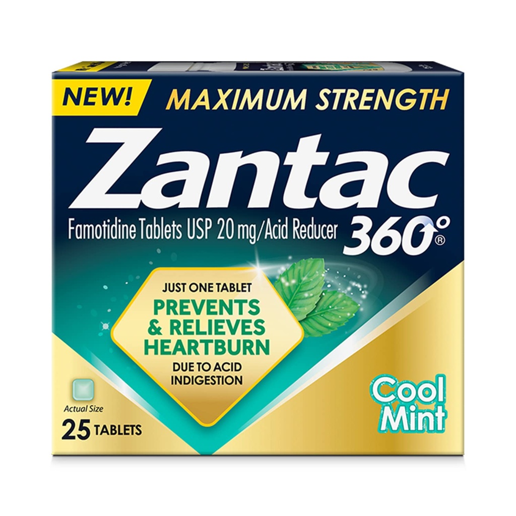 Zantac 360 maksimum Güçlü, Cool Mint, 25 Kont, Heartburn Önleme ve Yardım, 20 mg Tabletler