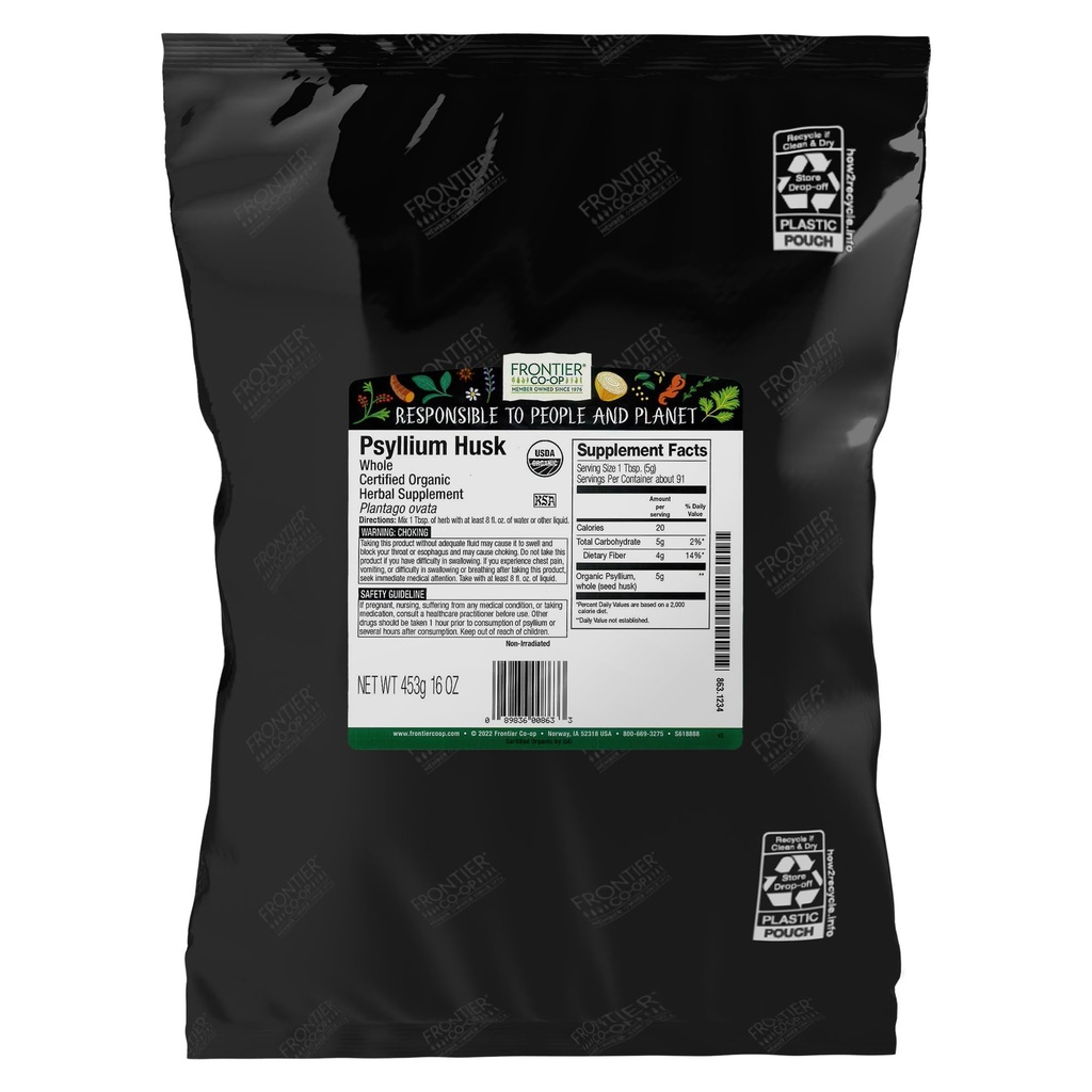 Frontier Co-op Organik Psyllium Husk 1lb - Tüm Psyllium Husk, Organik & Kosher - Beslenme için Psikiyatrik Fiber, Digestion için Psikiyatrik Tamam, Psyllium Husk Toz Bulk