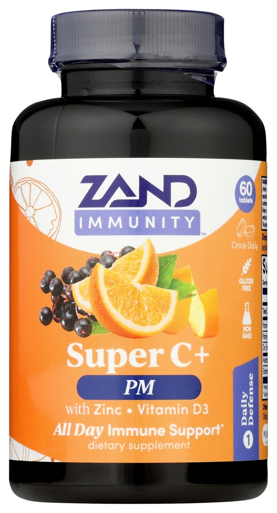 Zand Immunity Super C+ PM, Nighttime Immune Support Plus Melatonin, 1000 mg Pure Way-C Vitamin C, çinko, D3 & Elderberry, Geliştirilmiş Abpsiyon - 60 Tabletler, 30 Hizmetler