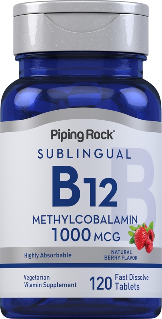 Piping Rock Vitamin B12 1000 mcg Sublingual | 120 Tablets | as Methylcobalamin | Berry Flavor | Vegetarian, Non-GMO, Gluten Free Supplement