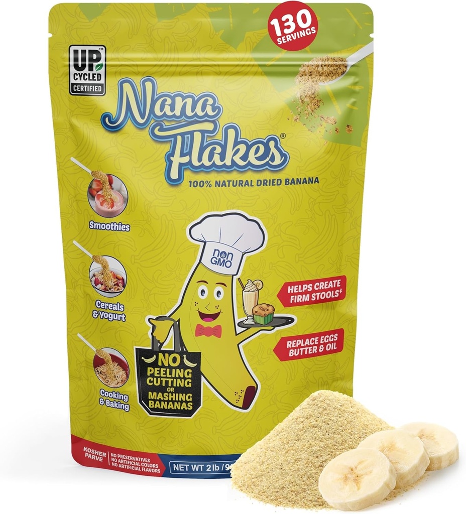 Nutritional Designs Nana Flakes 100% Natural Banana Powder, Digestive Support - Source of Potassium & Fiber - Substitute for Eggs, Butter, or Oil in Baking (2LB Bag)