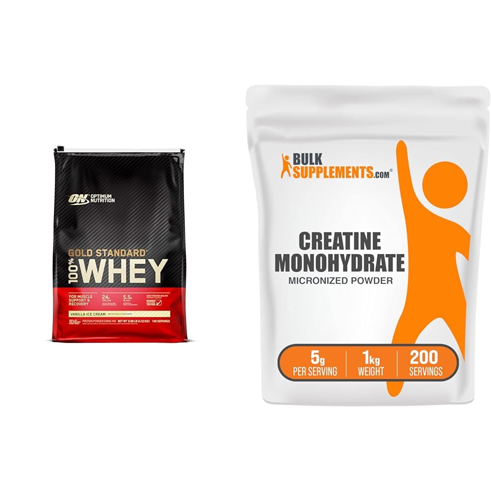 Optimum Beslenme Altın Standardı 100% Whey Protein Toz, Vanilla Buz Kremi, 10 Pound (Pazar Mayıs Vary) & BulkSupplements Micronized Kretine Monohidrat Toz (1 Kilogram)
