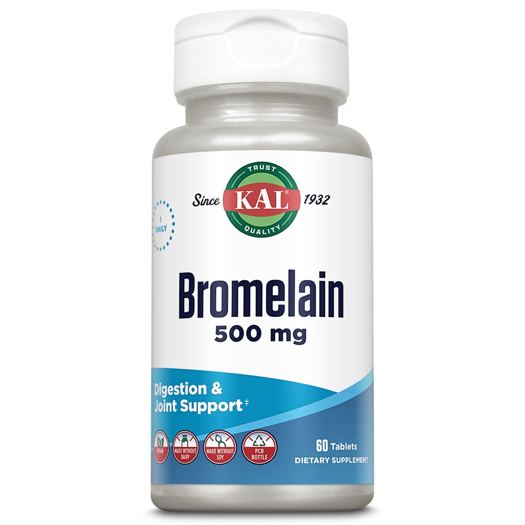 KAL Bromelain 500 mg, Digestion and Common Support Supplement, Digestive Enzymes, Pineapple Extract, Rapid Disintegration, Vegan, Süt veya Soy olmadan Yapıldı, 60 Hizmet, 60 Tablet