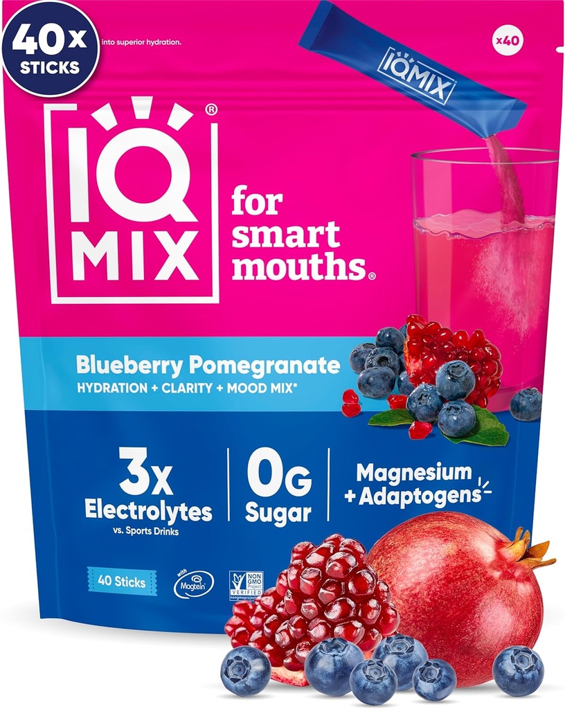 IQMIX Hydration Electrolyte Toz – 4-in-1 Formula for Hydration, mental Clarity, Mood and Recovery – Sugar-Free Drink Mix, Keto, Magnezyum L-Threonate, Lion's Mane – 40 Kont Blueberry Pomegranate
