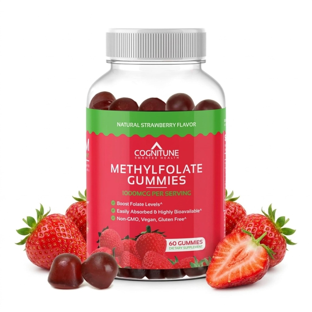 CogniTune Mefolate Gummies - Yüksek Potency L-Methylfolate almak için kolay, Beyin, Kalp Sağlığı ve Immunity, Delicious Strawberry Flavor, Non-GMO, Vegan, Gluten-Free