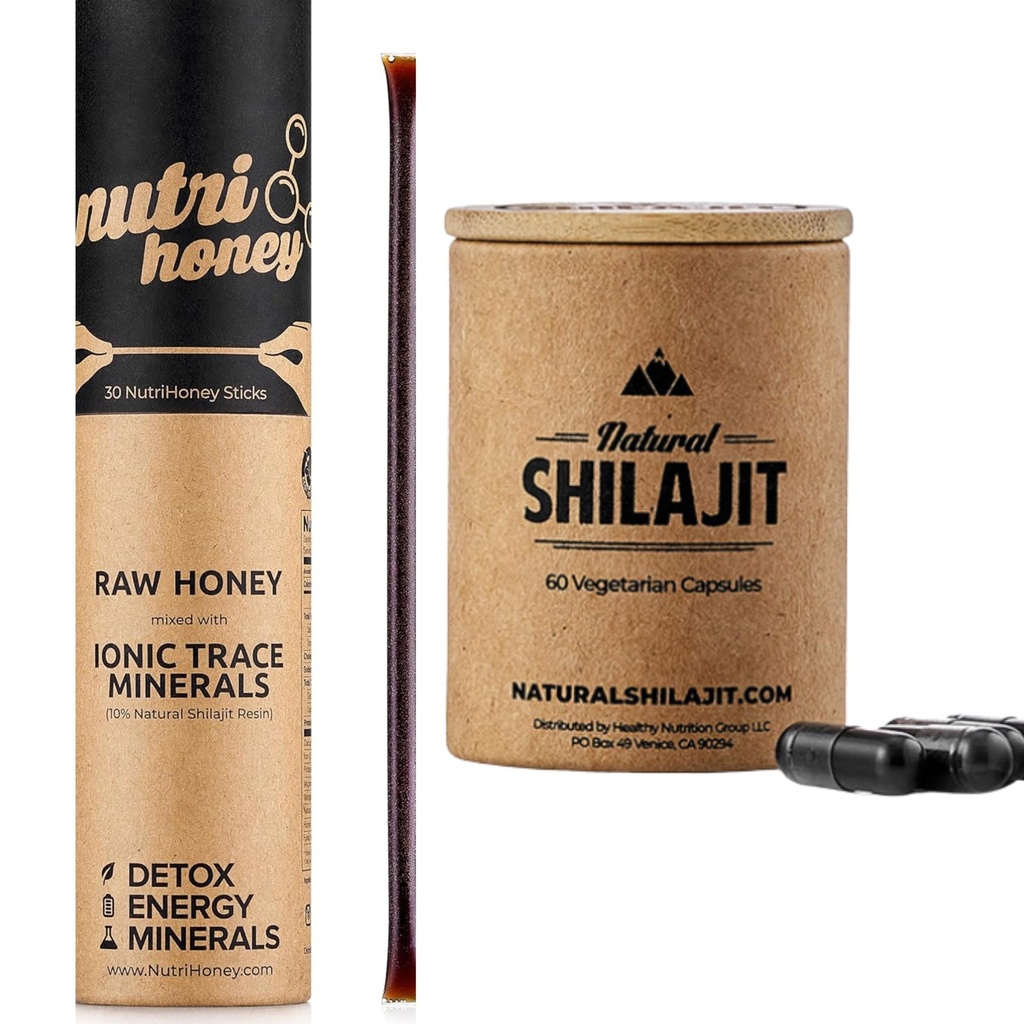 NATURAL SHILAJIT Capsules (1-2 Ay Supply) | 60 Kont & Shilajit Honey Stick Sticks Wear Mix with Raw Honey (30 Sticks)