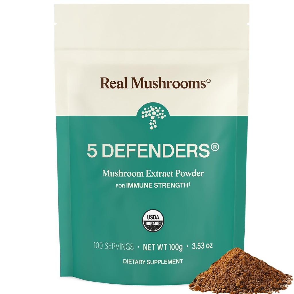 Real Mushrooms 5 Defenders Mushroom Kompleks Toz – Organik Mushrooms Extract from Chaga, Reishi, Türkiye Tail, Maitake & Shiitake Mushroom Mix for Wellness Support with Beta Glucans - 100 Servisler