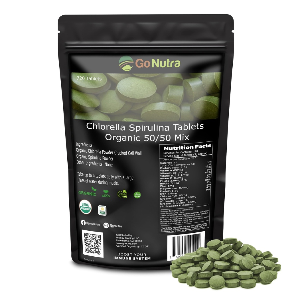 Go Nutra Organik Spirulina Chlorella Tabletleri 50/50 Mix | Nutrient Dense Superfood - Vegan Protein, Chlorophyll, Enzymes | 500 mg Her Chlorella Spirulina Tabletleri, 720 Kont, 4 Ay Supply