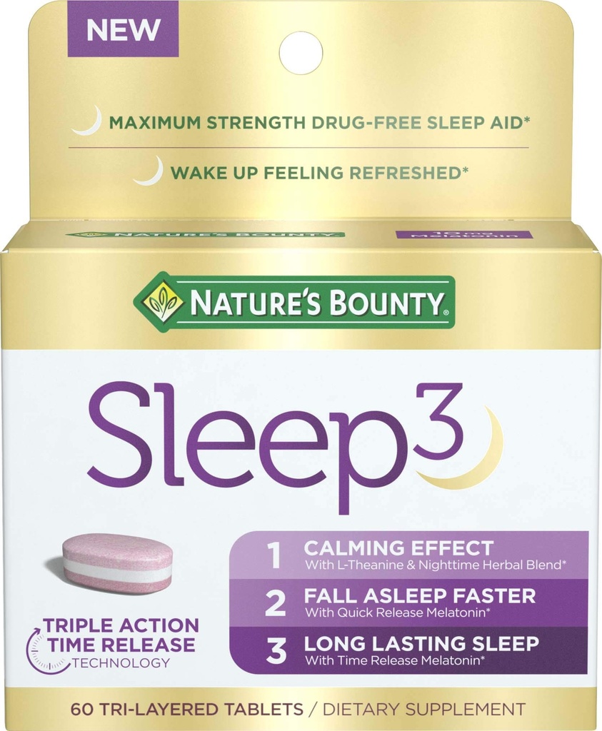 Nature's Bounty Sleep3 Melatonin 10mg, En Güçlü 100 Uyuşturucu Ücretsiz Uyku Yardımı, Diyetsel Tamam, L-Theanine & Nighttime Herbal Mix Time Release Technology, 60 Tri-Layered Tabletler