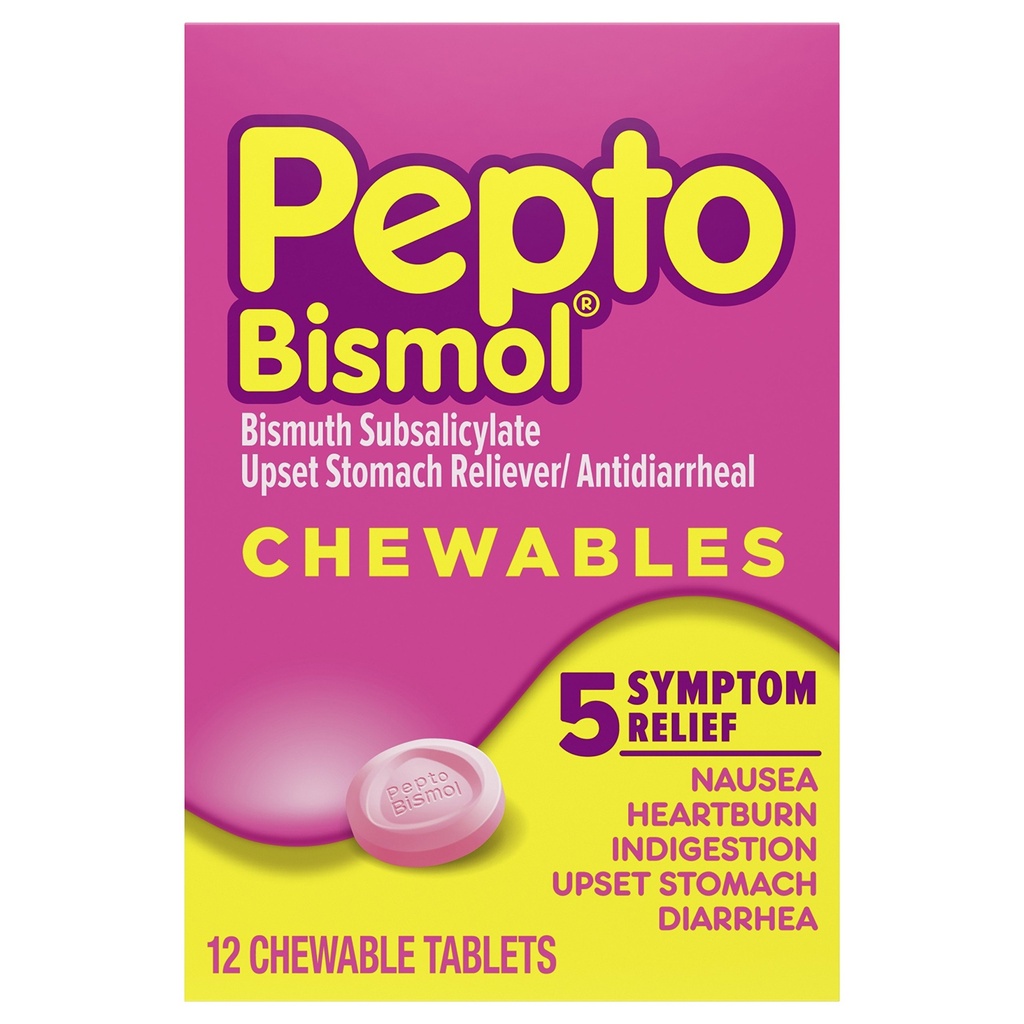 Pepto Bismol Chewable Tabletler, Upset Stomach Relief, Nausea Relief, Heartburn Relief, Indigestion Relief, Anti Diarrhea Drug for Yetişkinler - 5 Symptom Relief, 12 ctt