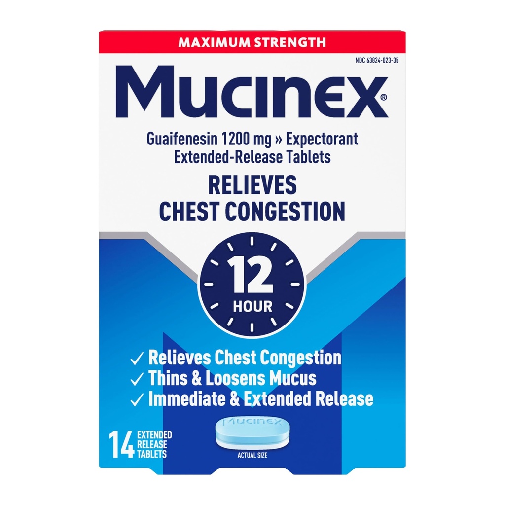 Mucinex Chest Congestion, Maksimum Kuvvet 12 Saat Genişletilmiş Yayın Tabletleri, 14ct, 1200 mg Guaifenesin with Extended Relief of Chest Congestion Caused by Excess Mucus, İnces and gevşekns Mucus