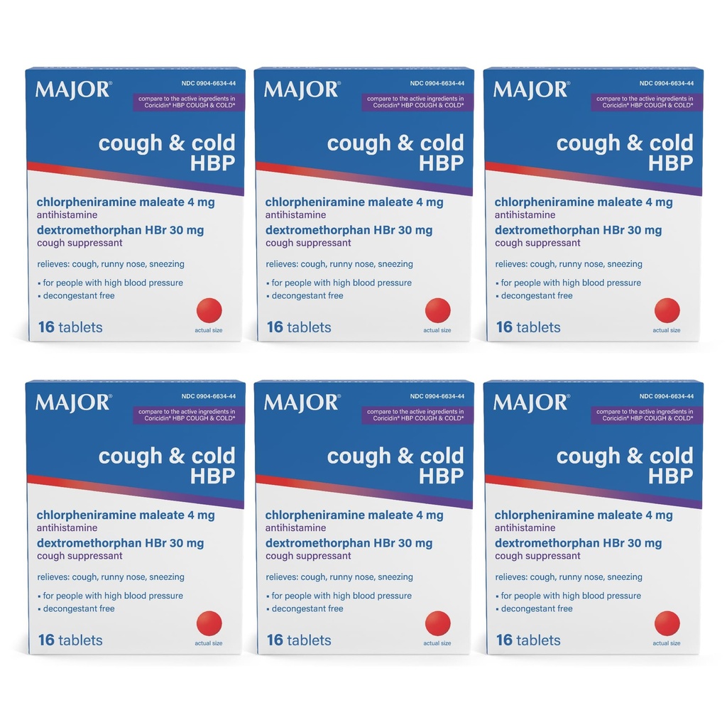 MAJOR Cough ve Cold HBP Tabletleri - Antihistamine ve Cough Suppressant for People with High Blood Pressure - Dextromethorphan HBr, Chlorpheniramine Maleate - 16 Count (6 Pack)