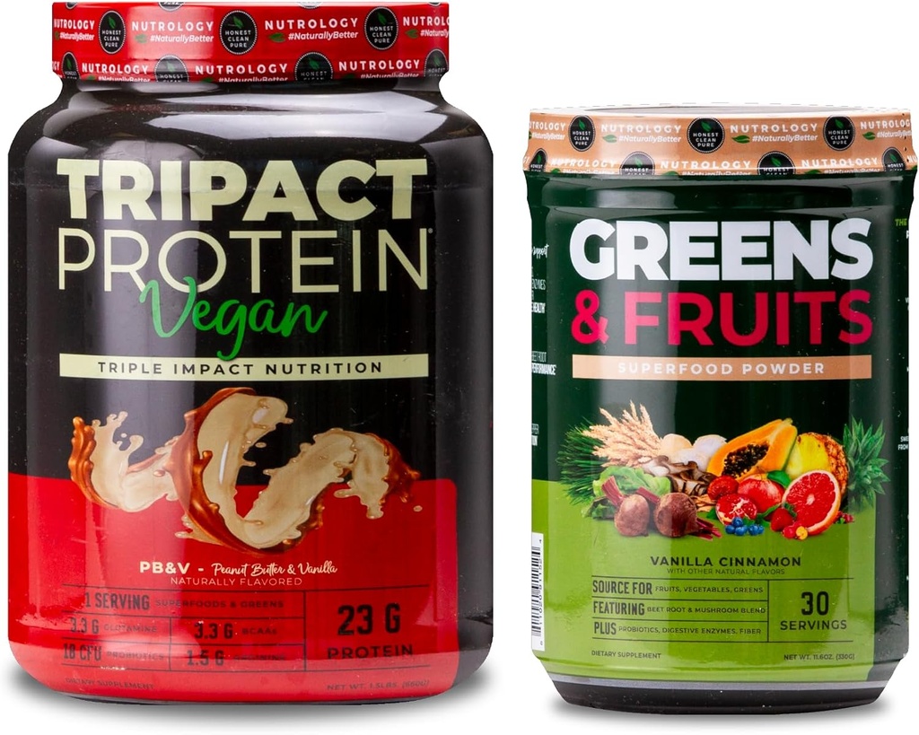 Nutrology Greens & Fruits Toz-Doly Sourced Superfood, Vanilla Cinnamon (30 hizmet) TRIPACT Vegan Protein Toz, Peanut Butter Vanilla (20 hizmet)