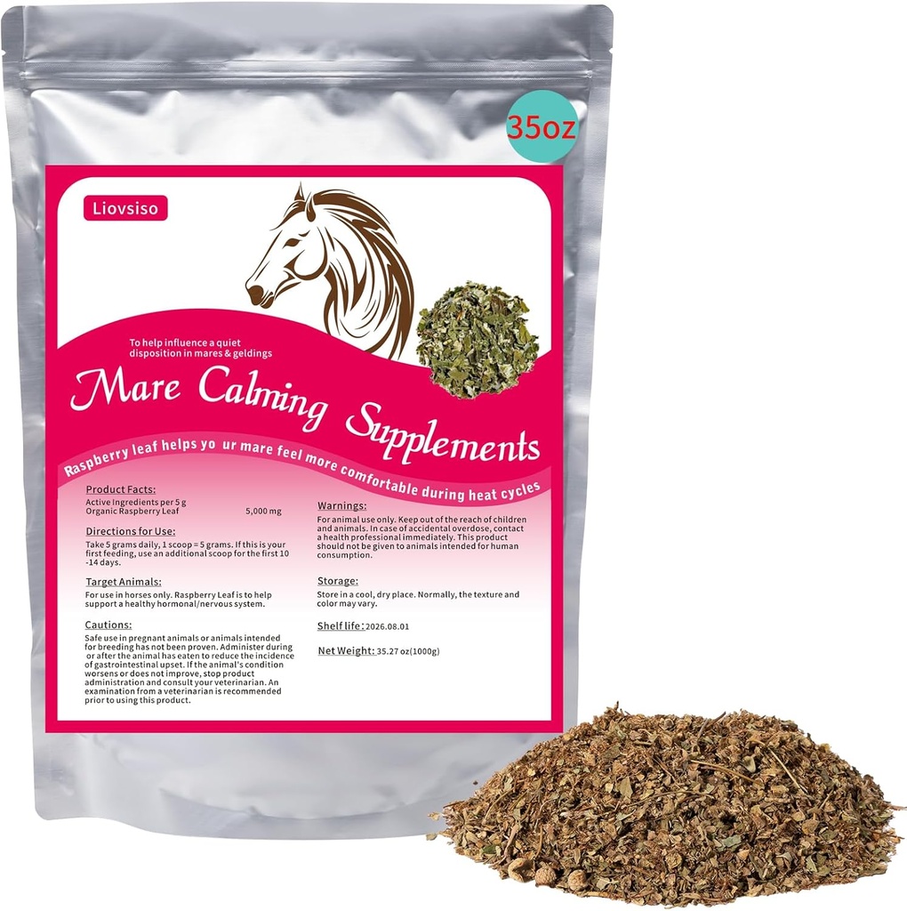 At Calming Supplement Natural Raspberry Leaf 35 OZ- Relieves Endişe, Irritability, and Discomfort in Mares During Heat Cycles - Ayrıca Sihirli Geldings için Uygun