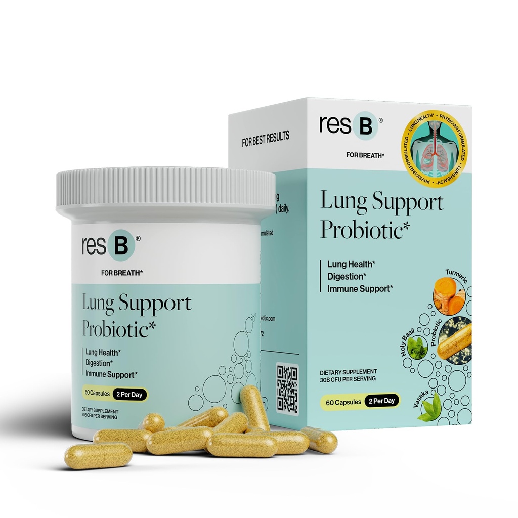 ResB Lung Support Probiyotik Supplement - Lung Health Supplement for Smokers, Gut Health, Immune & Digestive Support, Respiratory Care, Holy Basil & Turmeric, Klinik Olarak Denemek - 60 Capsules