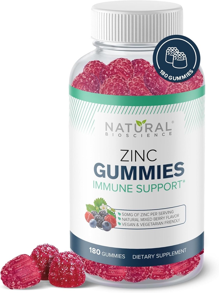 Zinc Gummies 50mg - High Potency Immune Support, Skin Health, Antioxidant, Daily Immunity Supplement for Adults, Vegan, Gluten-Free, Non-GMO, Chewable Zinc Citrate Gummies, 180 Gummies