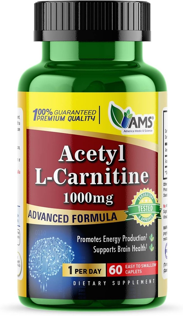 Amerika Medic & Science Acetyl L-Carnitine 1000 mg (60 Tablet) | Erkekler ve Kadınlar için Diyetsel Tamam | Enerji Üretimi | Destekler Beyin Sağlığı | Hafızayı ve Odaklanmayı Geliştirin